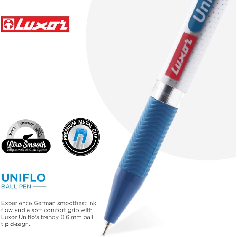 

Luxor Uniflo, Ball Point Pen, Ink - Blue, 2 Packs, Each Pack Contains 12 Pens, Premium Metal Clip, 0.7Mm, Ultra Smooth, 124