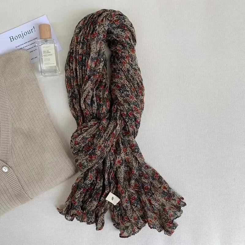 Vreovor Antique Scarf New Autumn And Winter Live Broadcast  Literary Cotton And Linen Retro Flower Crumpled Men Women