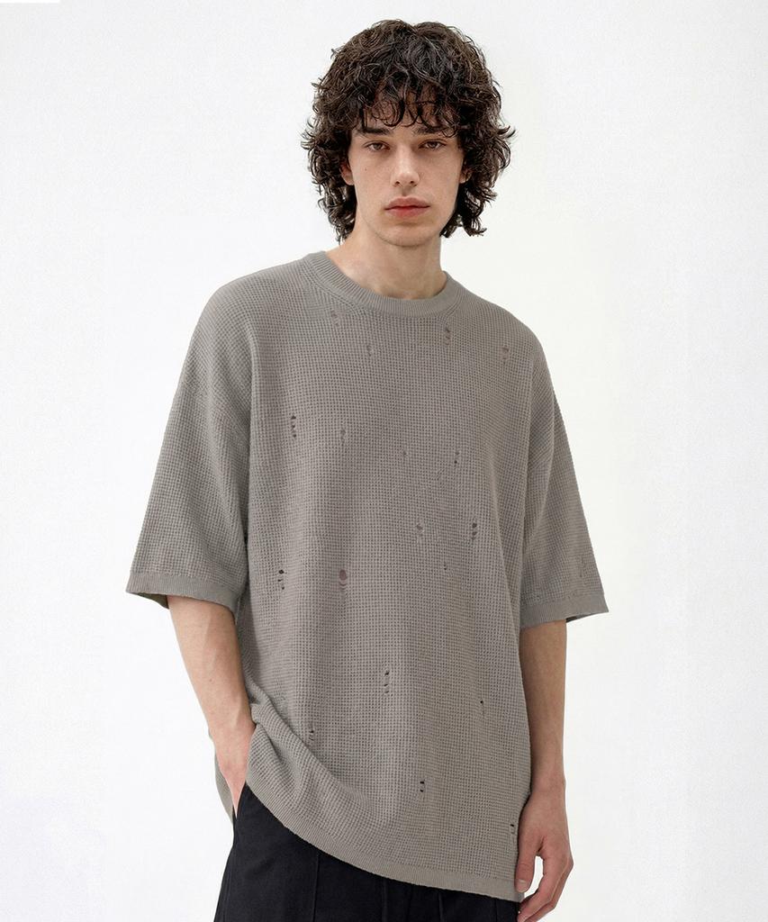 CUTZ Distressed Crew Neck Short Sleeve Knit