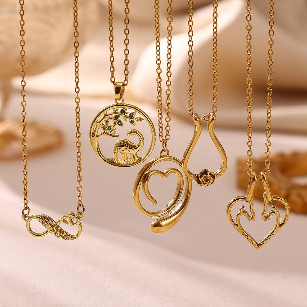 Infinity Heart Gold Color Necklace For Women Elegant Elephant Tree Pendant Rose Flower Stainless Steel Chain Jewelry Birthday