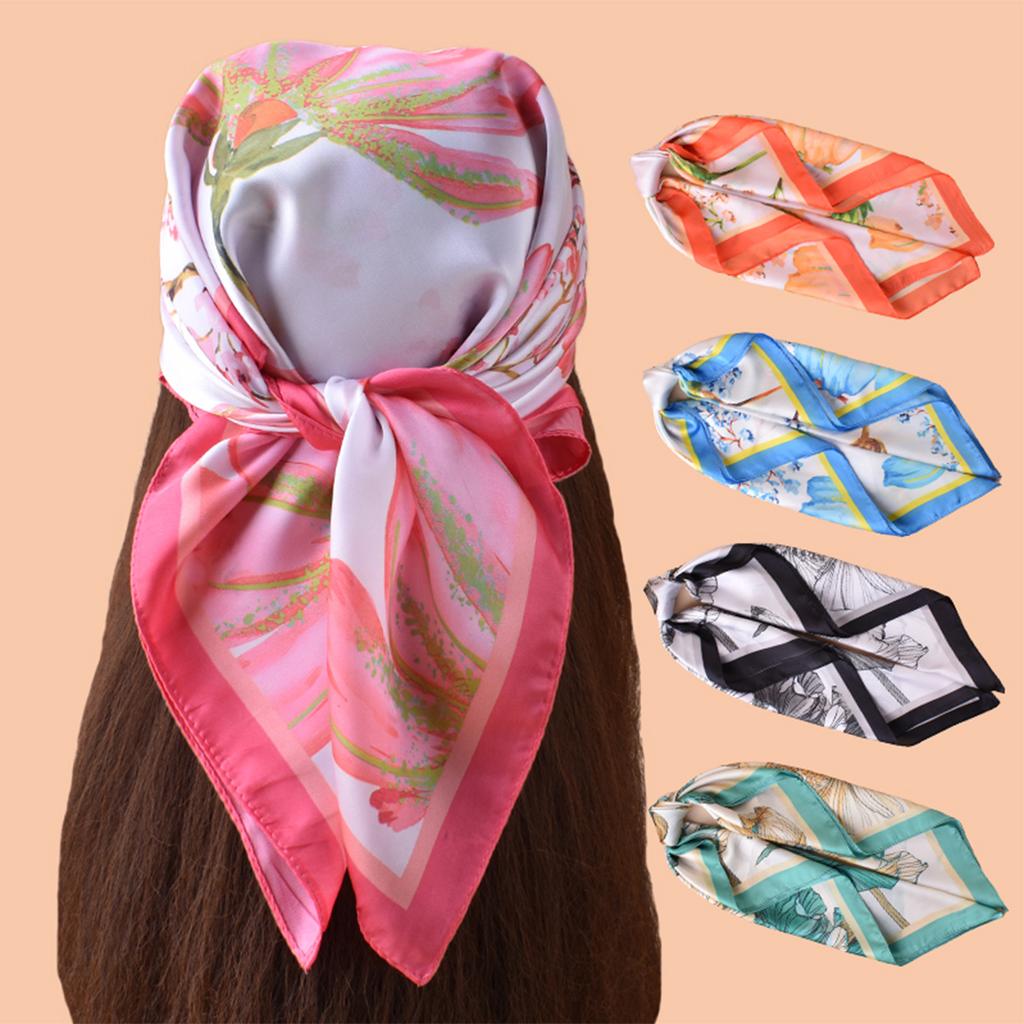 1pc Sweet Large Flower Print Silk Satin Square Scarf Women's Hair Accessory Spring New Versatile Belt Bag Decoration Heads
