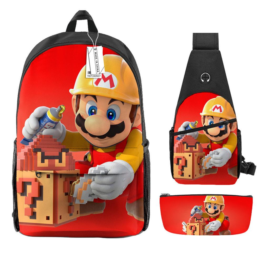 Animation Backpack, Super Mary Primary School Student Print Children'S Backpack Satchel Pencil Case Three-Piece Set