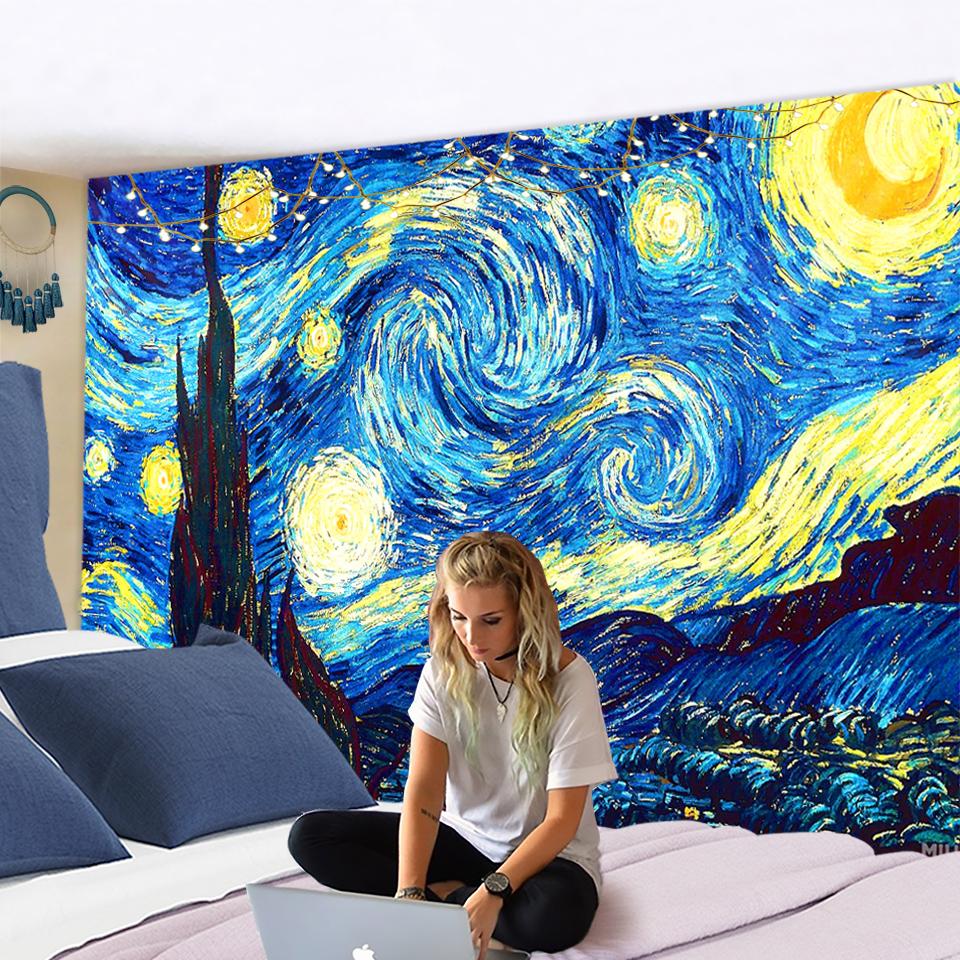 Wandteppich mit berühmtem Van Gogh-Druck, Decke, Wandbehang, Stern, Mond, Nacht, Wandteppich, dekorative Decke, Stoff, Schlafzimmer, 200 x 150 cm, groß