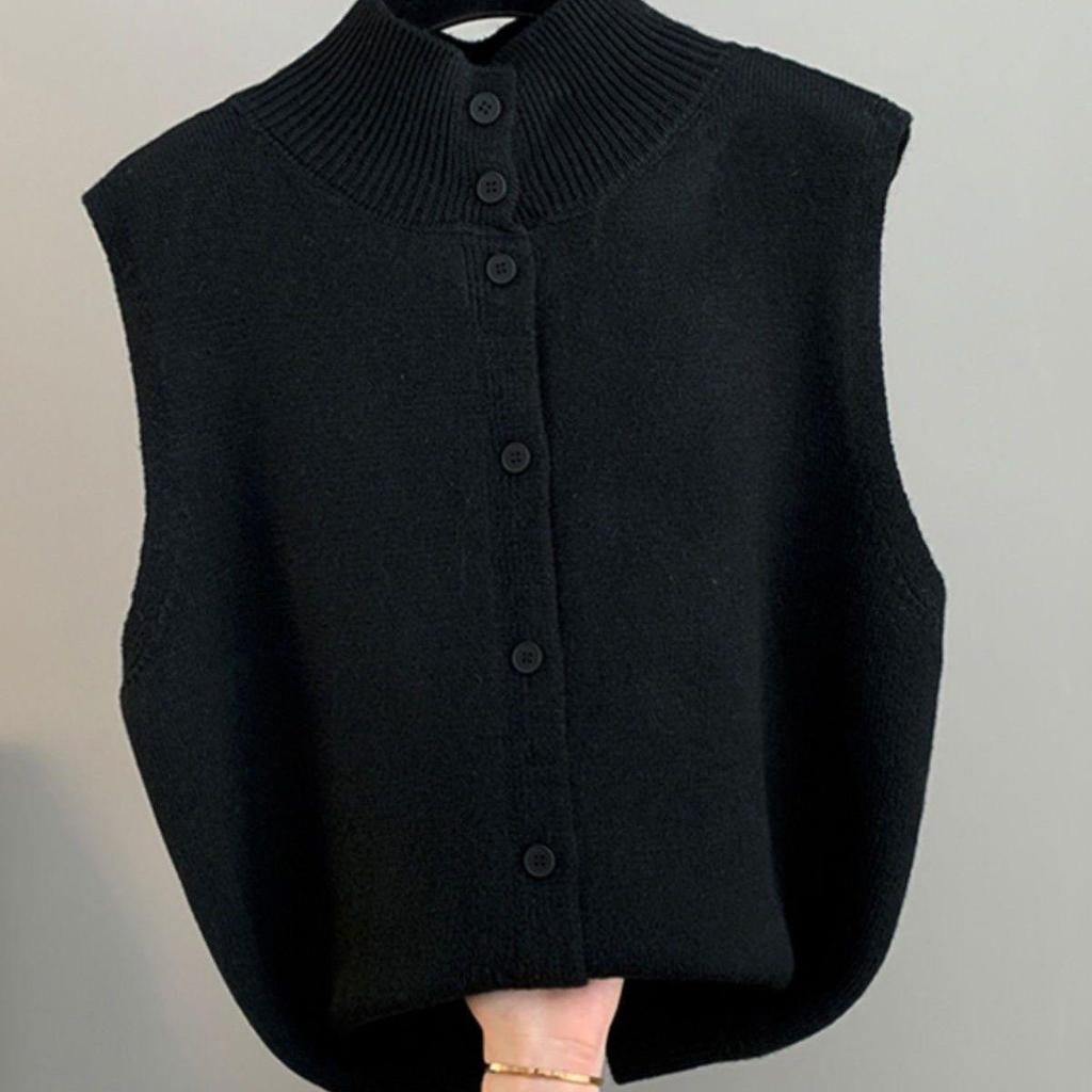 Double-Sided Women's Half-High Collar Cable Knit Vest Sweater - Autumn/Winter French Style Loose Fit.