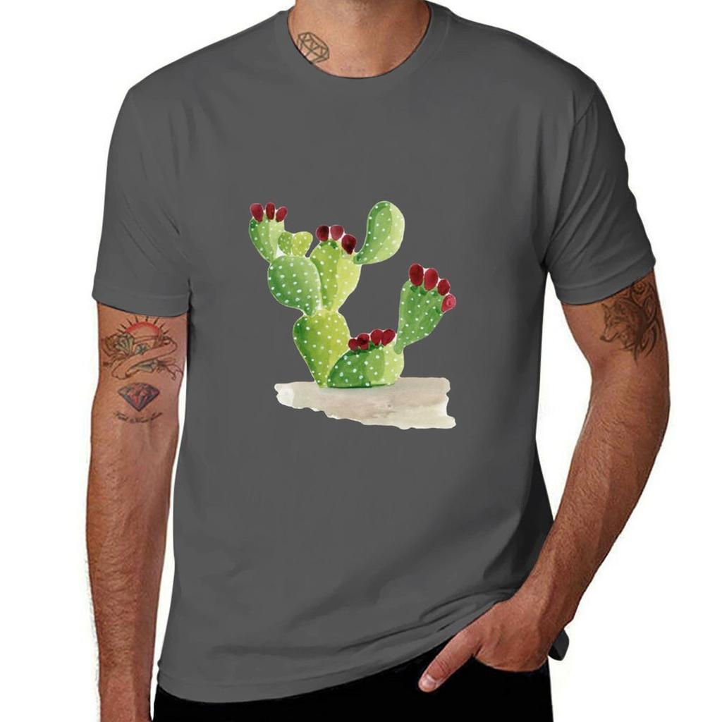 Prickly Pear Cactus Watercolor Illustration Tshirt Basic Solid Color Short Sleeve Cotton Top