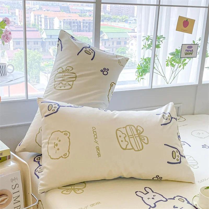 Kawaii Bear and Rabbits Printed Fitted Sheet Set Pure Cotton Cartoon Animals Mattress Cover for Kids Boys Girls Bedroom Decor