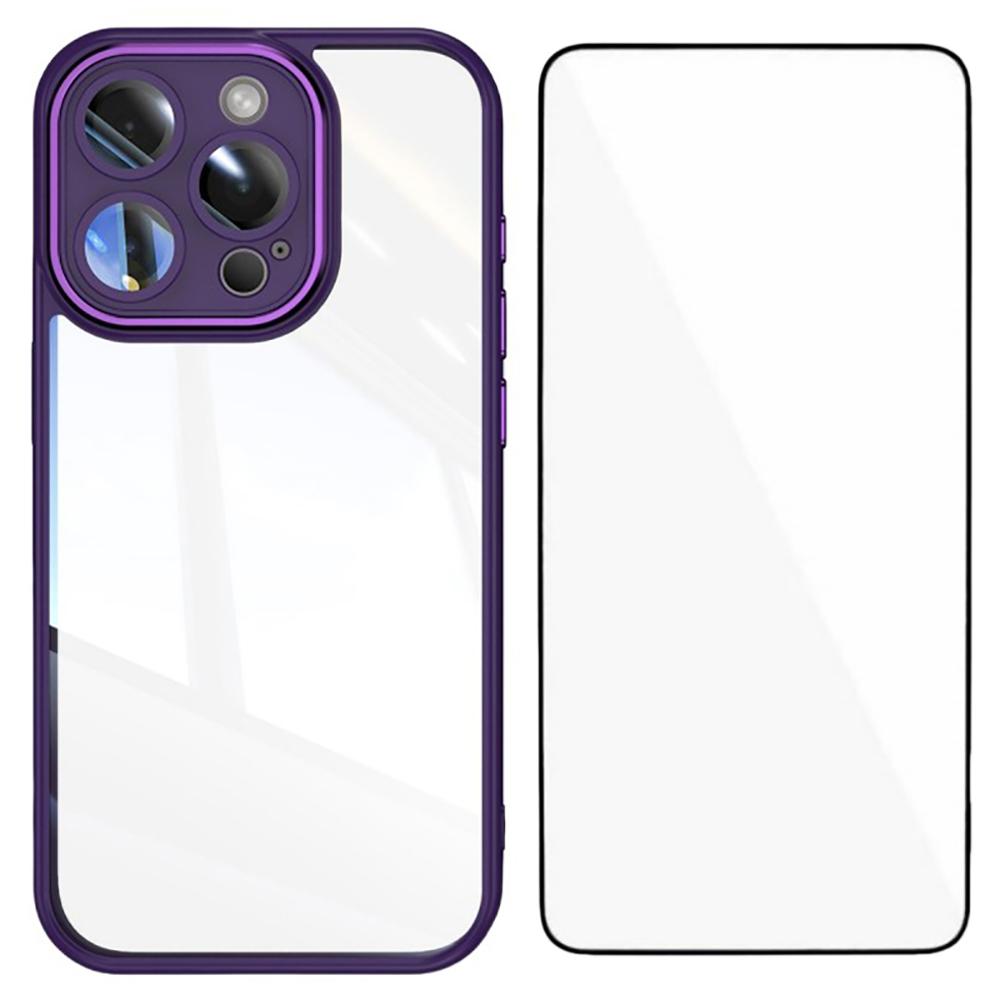 

WANLONFENG For iPhone 16 Pro Max TPU Case with Tempered Glass Film Shockproof Clear Phone Cover Dark Purple