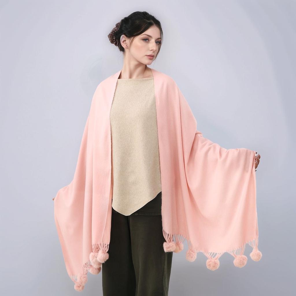 Winter Extended Extra Thick Solid Color Scarfs For Women Muffler With Lovely Hairball Tassel Outdoor Insulation And Warm