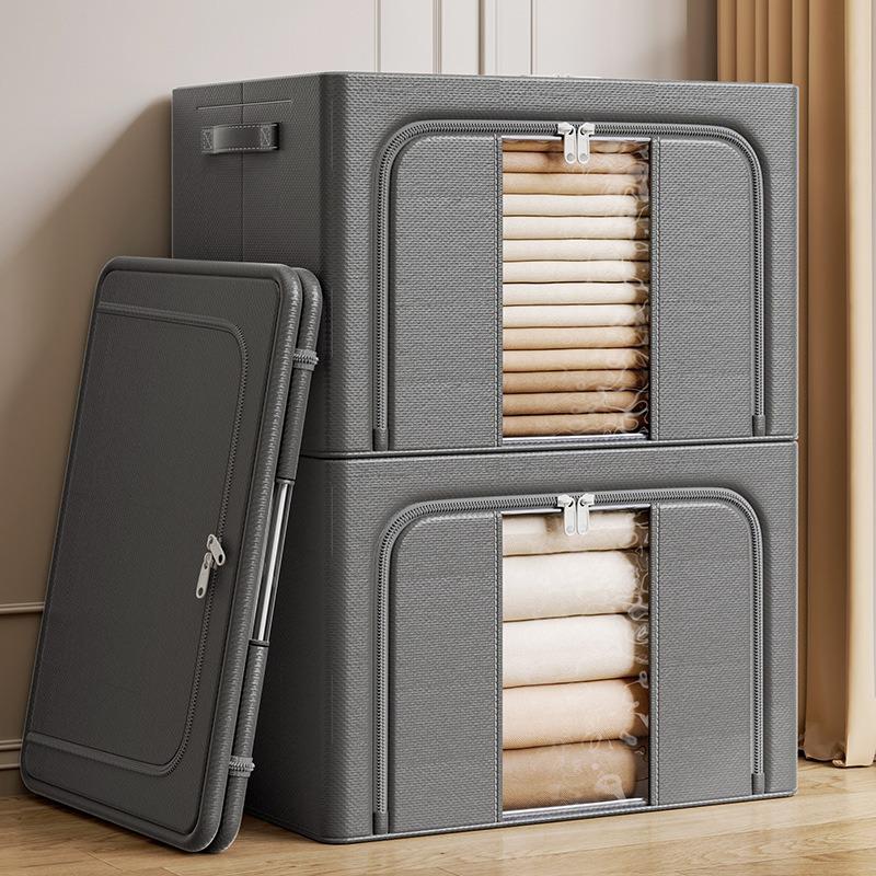 Cotton Linen Foldable Storage Box with Steel Frame - Large Capacity Clothes Organizer