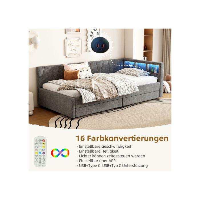 Schlafsofa, 90*200 cm, Tagesbett, Schlafsofa, Bettaufbewahrung, USB+Typ C (ohne Matratze), Leinen, Grau