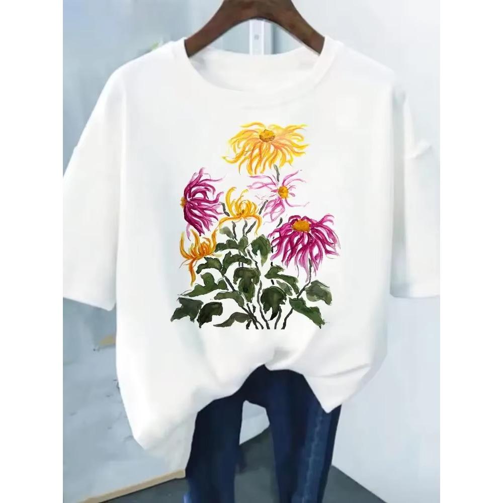 Flower Print Fashion Plant Trend Lovely print ladies T-shirt casual basics O-collar Black shirt short sleeve ladies T-shirts