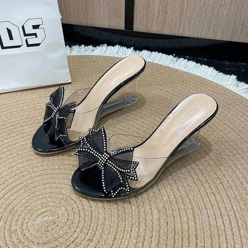 Fashion 2025 Summer Fashion High Heel Sandals for Women, Bow Bow, Slope Heel, Straight Line, Wearing Outside, Fairy Wind Cool Slippers