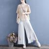 Artistic Ethnic Style Slanted Collar Cotton and Linen Shirt Summer Loose Embroidery Zen Tea Suit Chinese V-neck Short Sleeved Women's Top