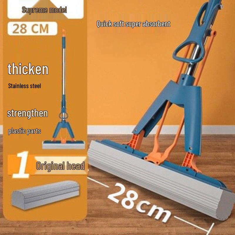 Sponge Mop with Cotton Squeeze Roller - High Absorption, Hands-Free, Large & Durable for Household Floors