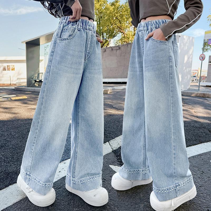 Girls' Spring & Autumn Straight Wide Leg Jeans - Trendy, Loose Fit for Elementary School Students