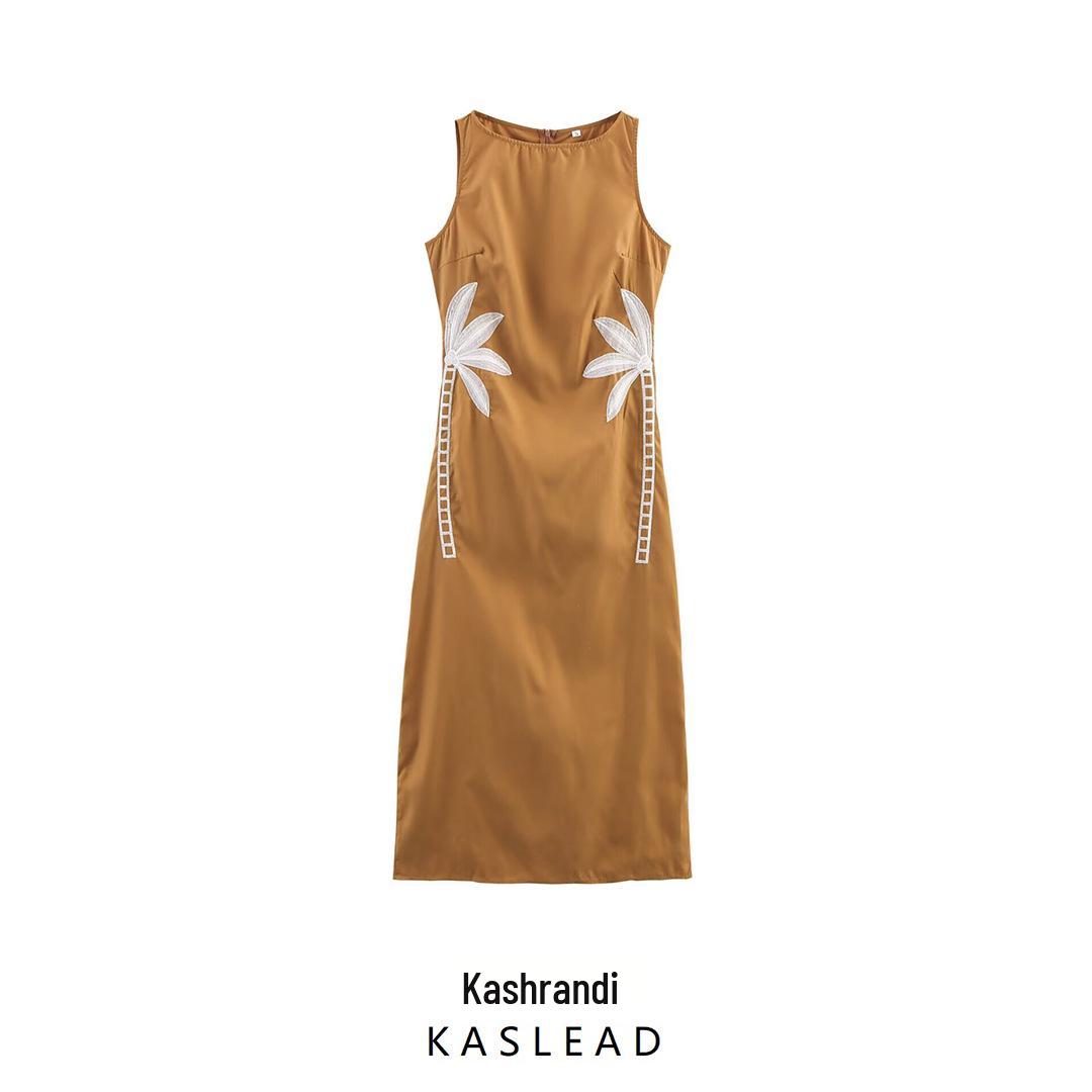 

2025 Summer Women s Sleeveless Coconut Tree Embroidery Dress - European & American Style Medium
