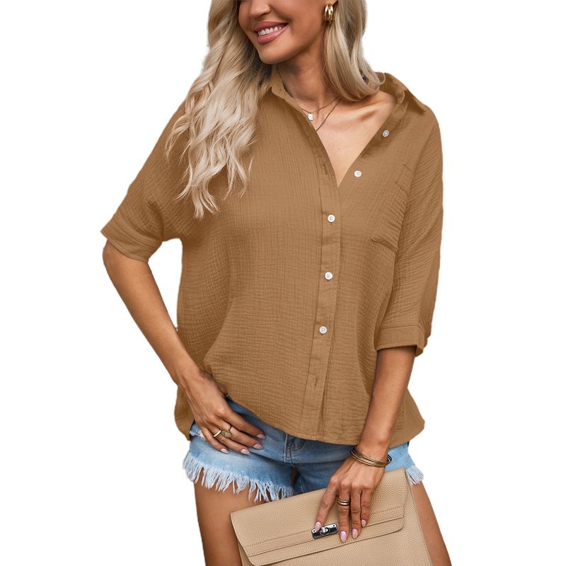 

American Shiying Solid Textured Single-Breasted Shirts Women 2025 Summer New Loose All-Match Half-Sleeve Shirt Khaki P1016 2XL code fits (75.00 kg-82.50 kg