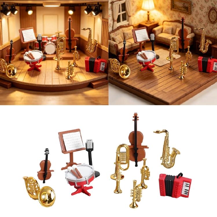 Small Plastic Musical Instrument Set Miniature Model Figurine For Doll House Decoration Including Accordion And Saxophone