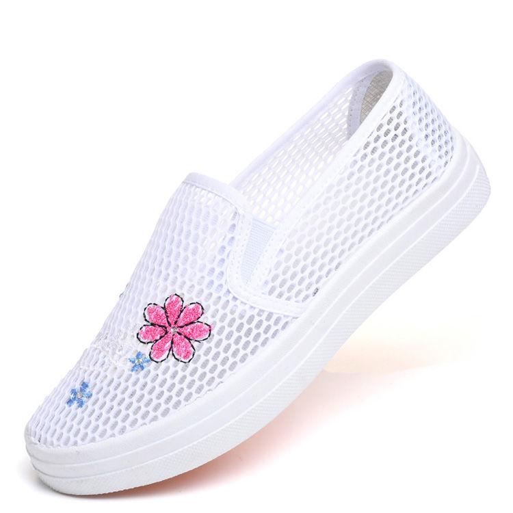Summer Cloth Shoes Women's Mesh Shoes Flat Bottomed Hollow Casual Shoes Breathable Embroidered Mesh Comfortable and Versatile Shoes