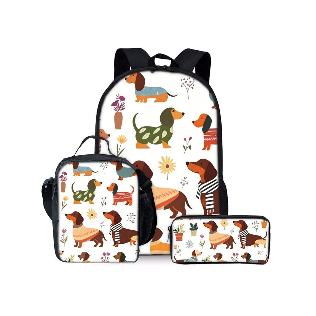 Cute Dachshund Print Cat Three Piece Backpacks Set for Boy and Girls Best Gifts 2D Flat Cartoon School Bag for Children
