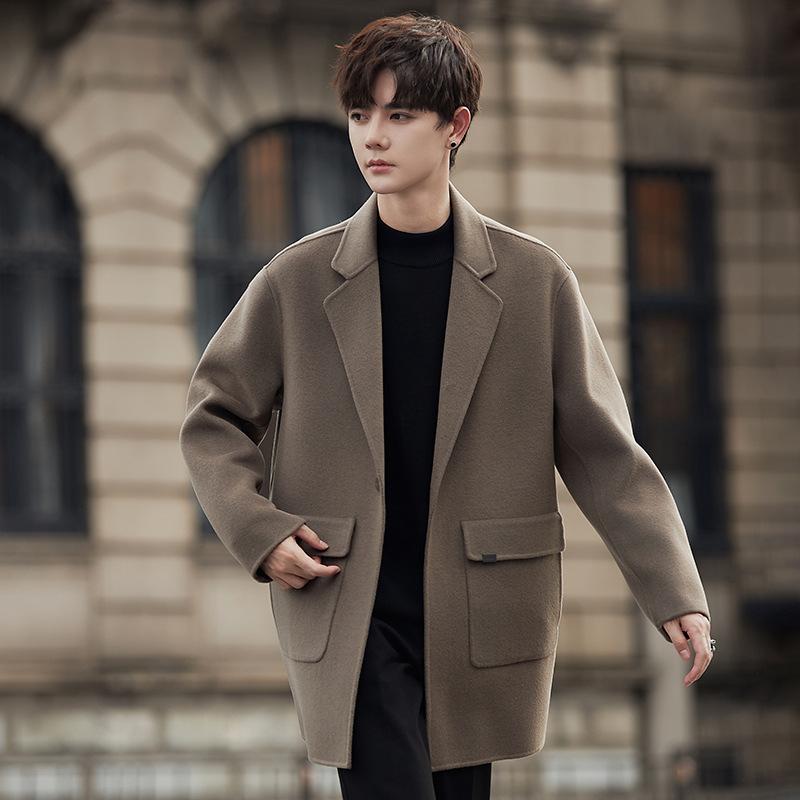 

Осенне-зимнее двустороннее шерстяное пальто мужское средней длины свободного кроя 3XL хаки