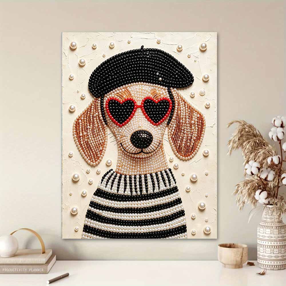 Kreatives DIY-Perlenkunst-Set mit Rahmen im stilvollen französischen Hundemuster, glitzernde Perlenleinwand, fertig zum Aufhängen, entspannendes Geschenk für Erwachsene