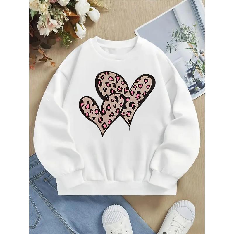 European sizes Pink Heart Leopard Print Kids Fashionable crewneck sweatshirt, children s long sleeved T-shirt, casual multi colored 110 белый
