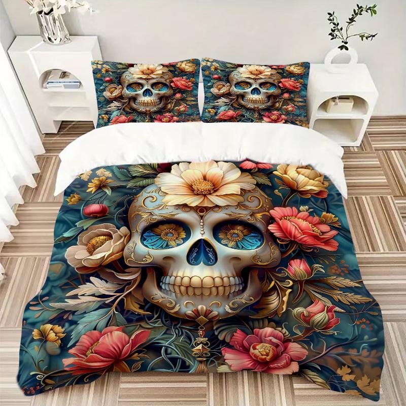 3pcs Day of the Dead Design Bedding Set - 1 Soft Quilt Cover + 2 Pillowcases, Machine Washable - Suitable for All Seasons, Perfect Gift for