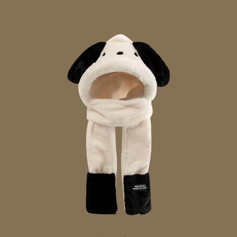 Cute cartoon Pacha plush puppy hooded scarf winter warm gloves hat ears scarf integrated three-piece set