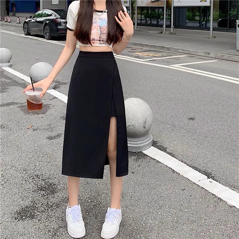 Korean Style High Waist Slit Midi Skirt - Summer A-line Slim Fit