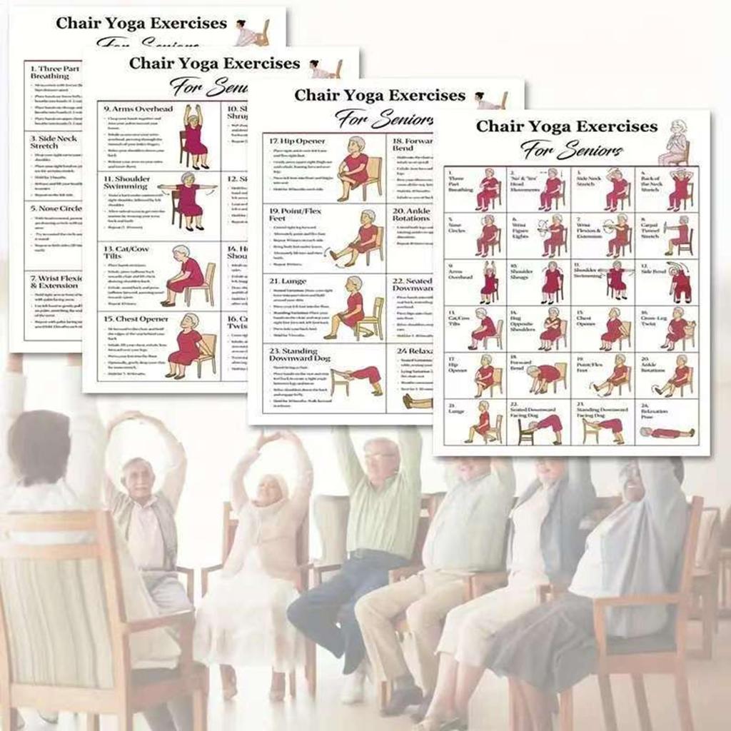 Stuhl Yoga Chart Illustrierte Trainingszubehör 4 Stück Yoga Sitzendes Workout Poster für Senioren Anfänger Fitness Flexibilität