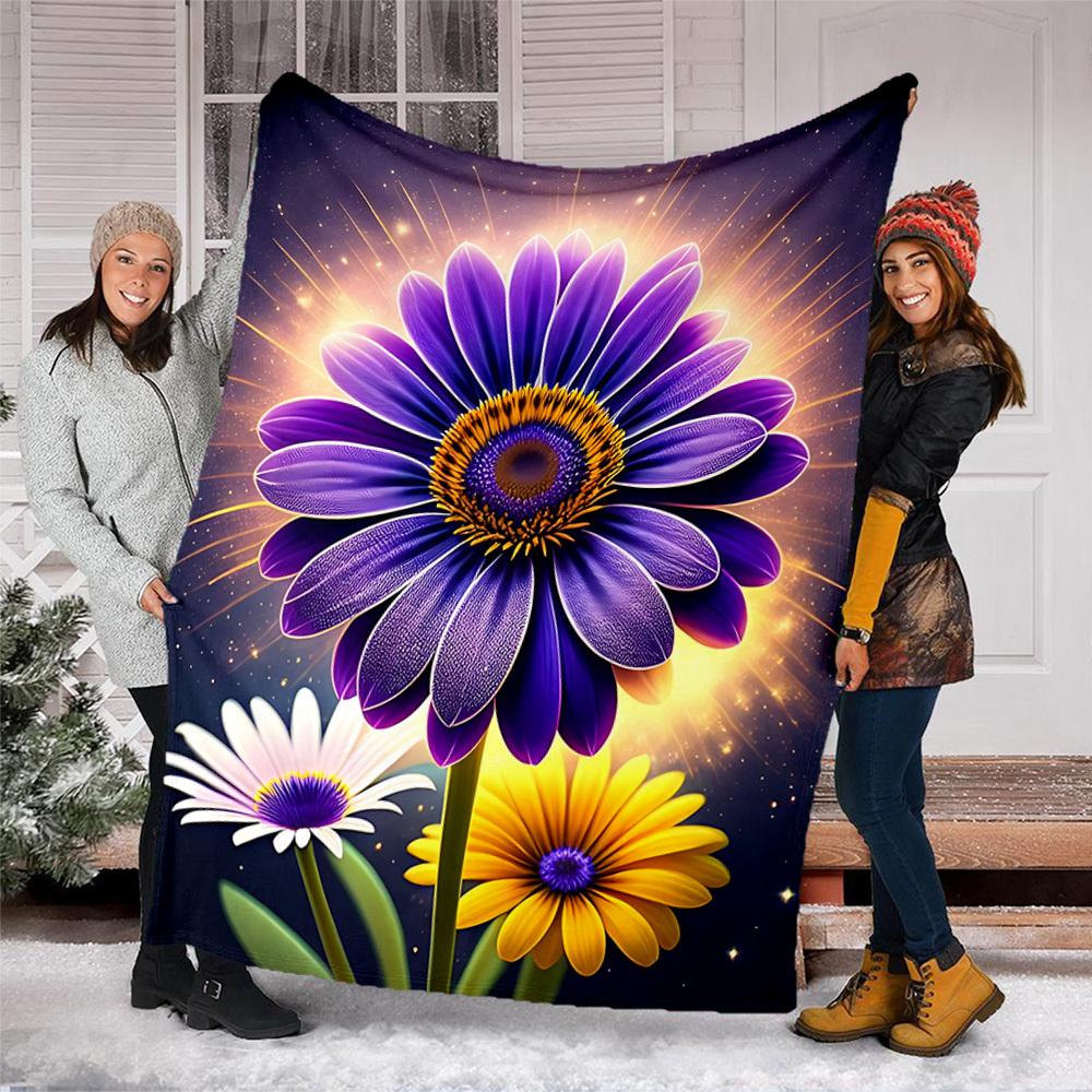 1pc Purple Daisy Outdoor Flannel Blanket Soft All Season Polyester Throw , Perfect for Picnics & Travel , Picnic Accessory