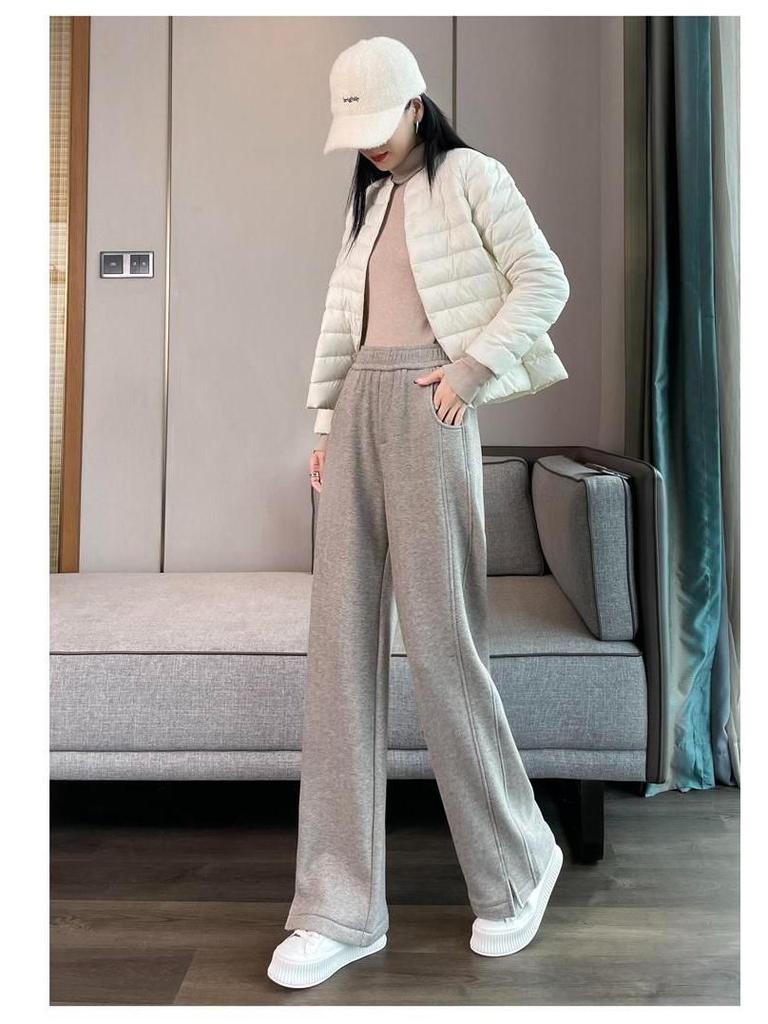 2026 Autumn/Winter Women's High-Waisted Herringbone Wide-Leg Pants with Plus Velvet and Slit, Slim Straight-Leg Design
