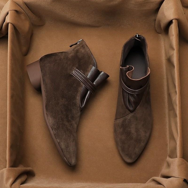 

Модные женские ботильоны AIYUQI 2025 с острым носком, винтажным толстым каблуком, из коровьей замши, женские короткие ботинки большого размера плюс замшевые женские ботинки 43