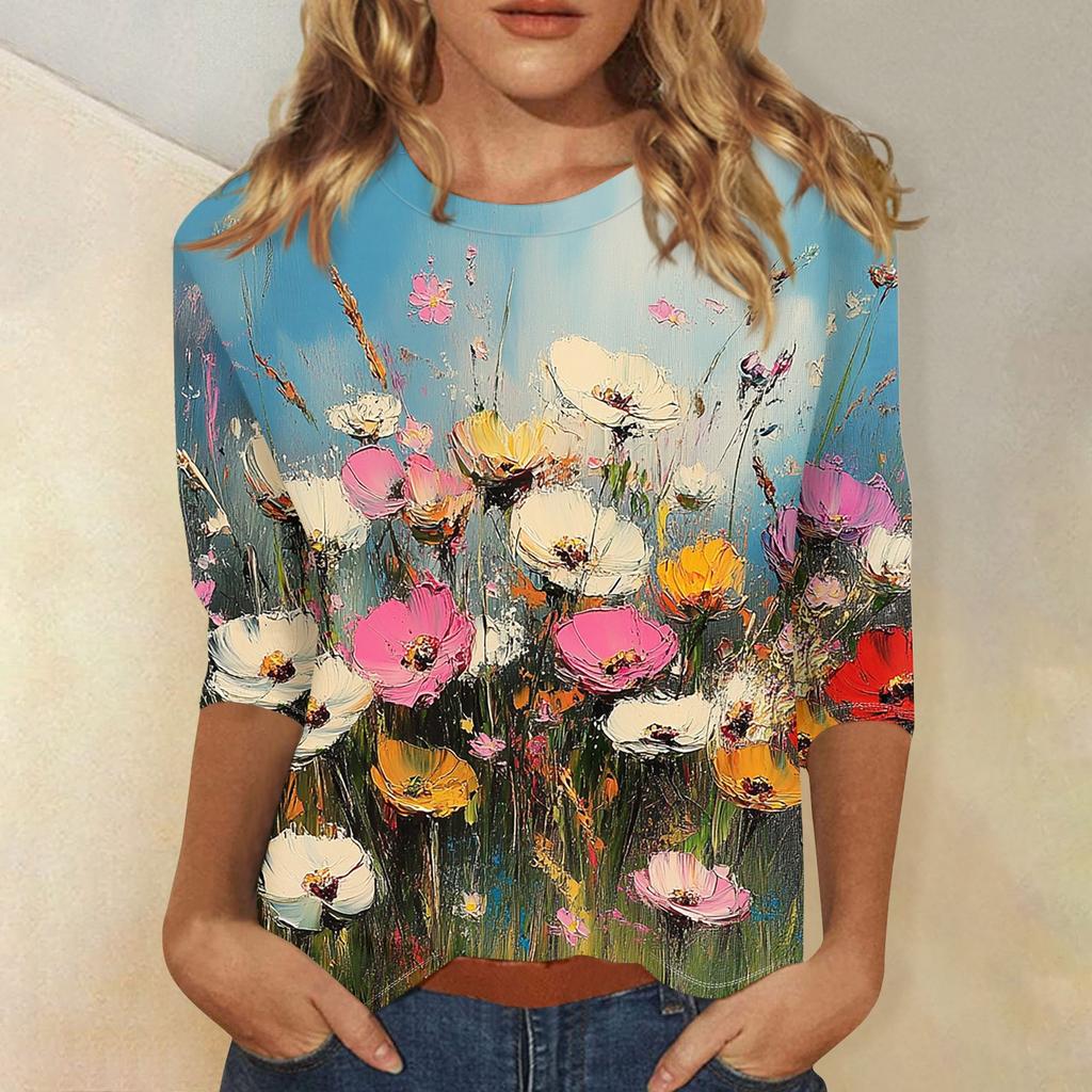 Women's Fashion Casual Three-quarter Sleeve Vintage Floral Print Round Neck Top