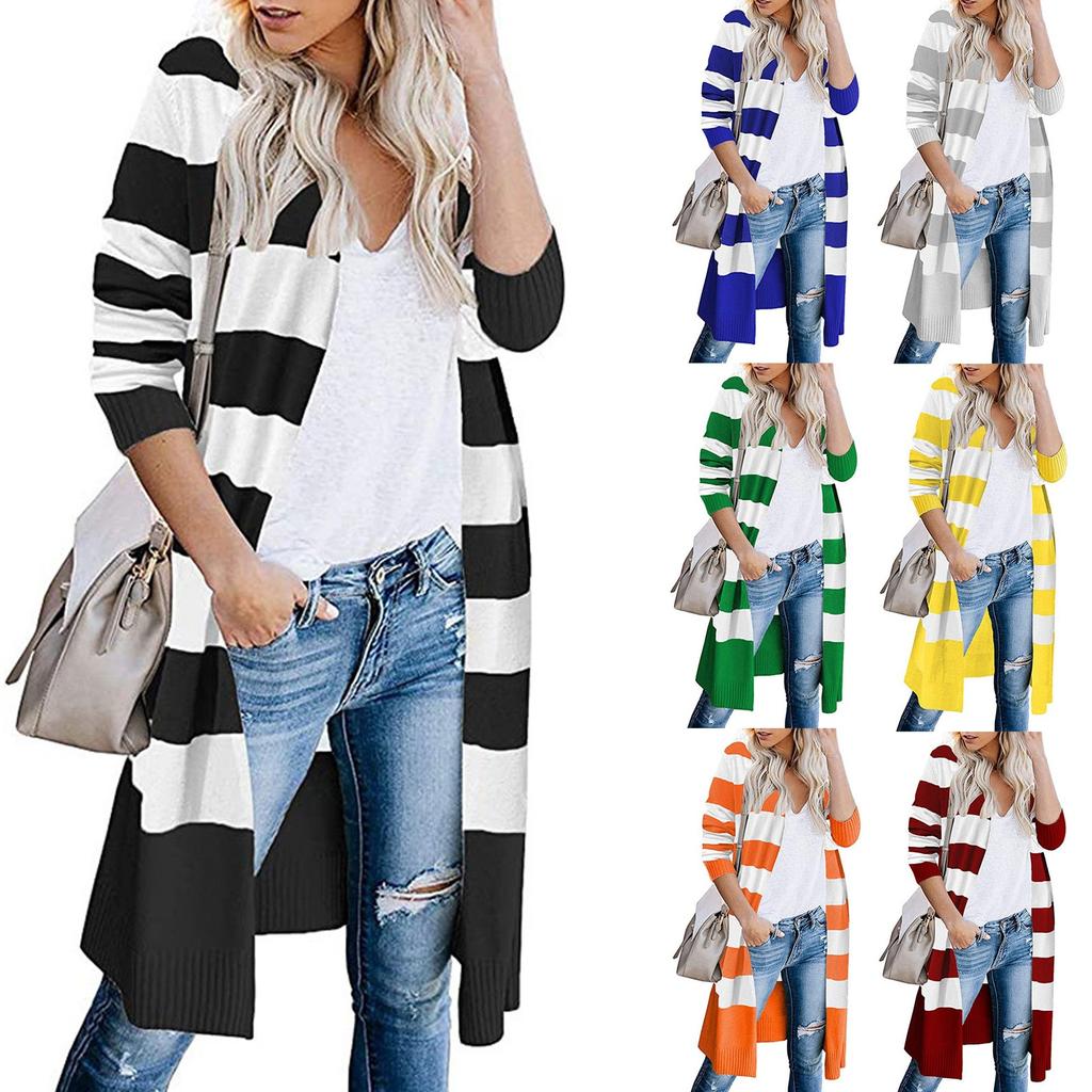 Damen Lässiger Offener Lang geschnittener Gestreifter Cardigan Pullover Leichte Strick Oberbekleidung für den Alltag