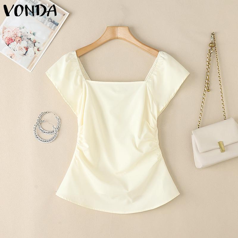 

VONDA Summer Women Square Neck Short Sleeve Casual Slim Blouse 5XL бежевый