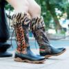 Johnature Genuine Leather Patchwork Printed Long Boots Fashion Versatile Leopard Print Fur Collar Women Shoes