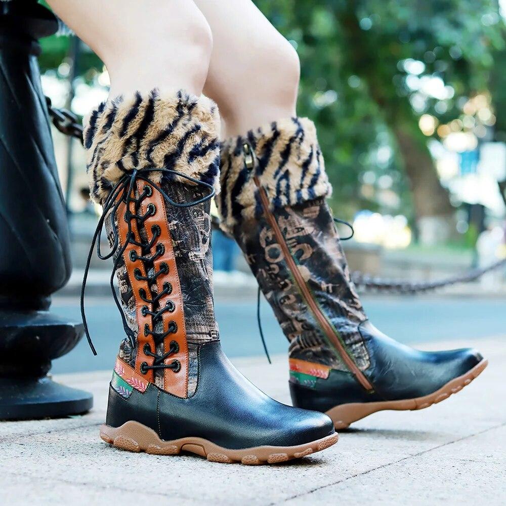 Johnature Genuine Leather Patchwork Printed Long Boots Fashion Versatile Leopard Print Fur Collar Women Shoes