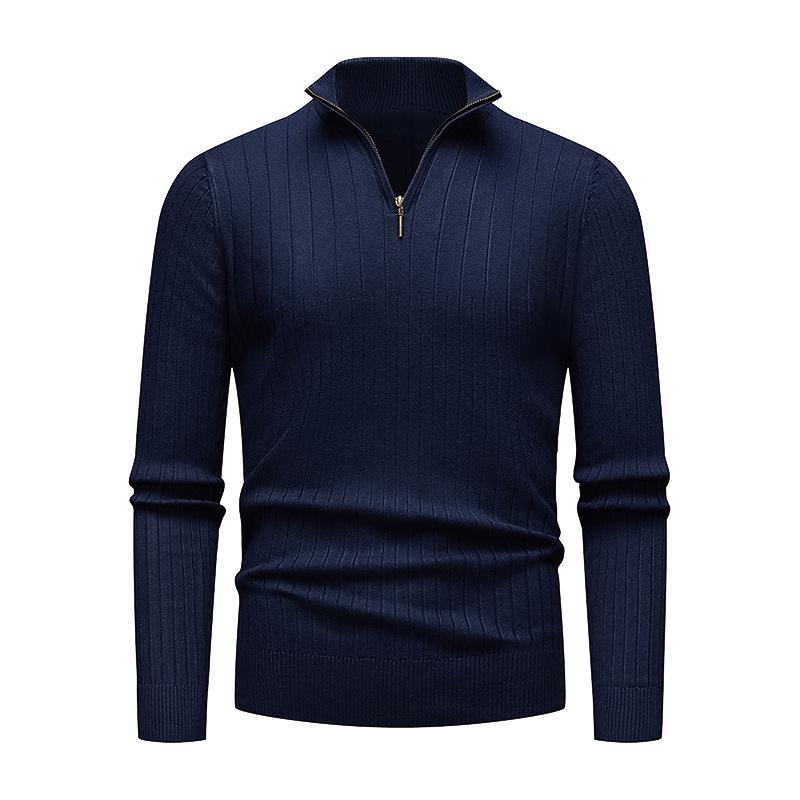 Men's European-American Half-Zip Solid Color Knit Sweater with Vertical Stripes