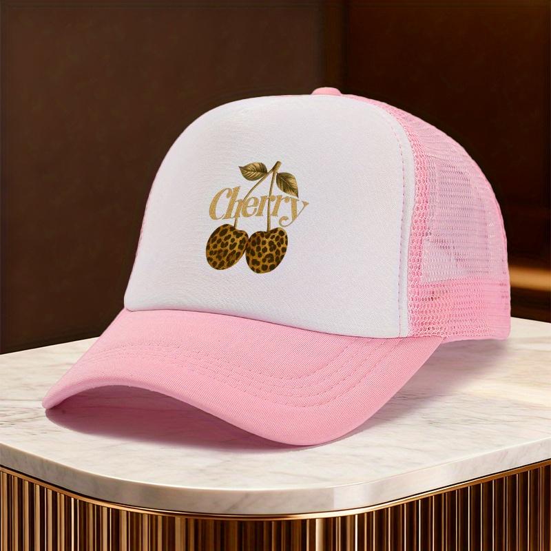 Leopard Cherry Print Trucker Hat Mesh Adjustable Baseball Cap Casual Summer Unisex
