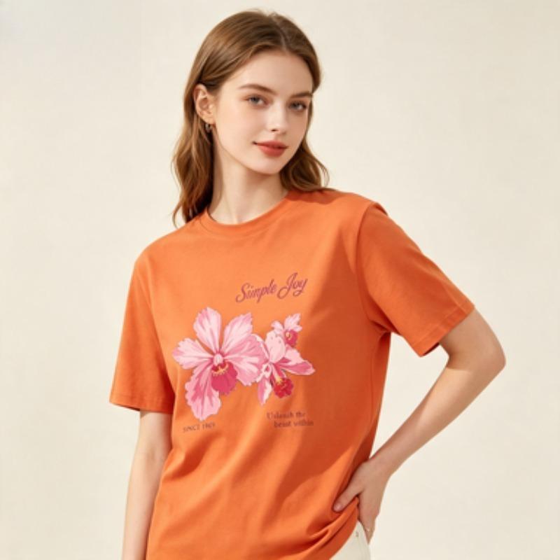 Vintage Flower Unisex Cotton T Shirt Pink Orchid Letter Graphic Aesthetic Casual Loose Fit Crew Neck Short Sleeve Tops