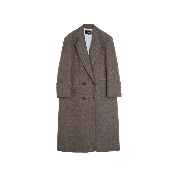 ELLE French Vintage Style Suit Lapel Solid Color Double Breasted Simple Long Coat Women coats Dark-Brown L7WNS004