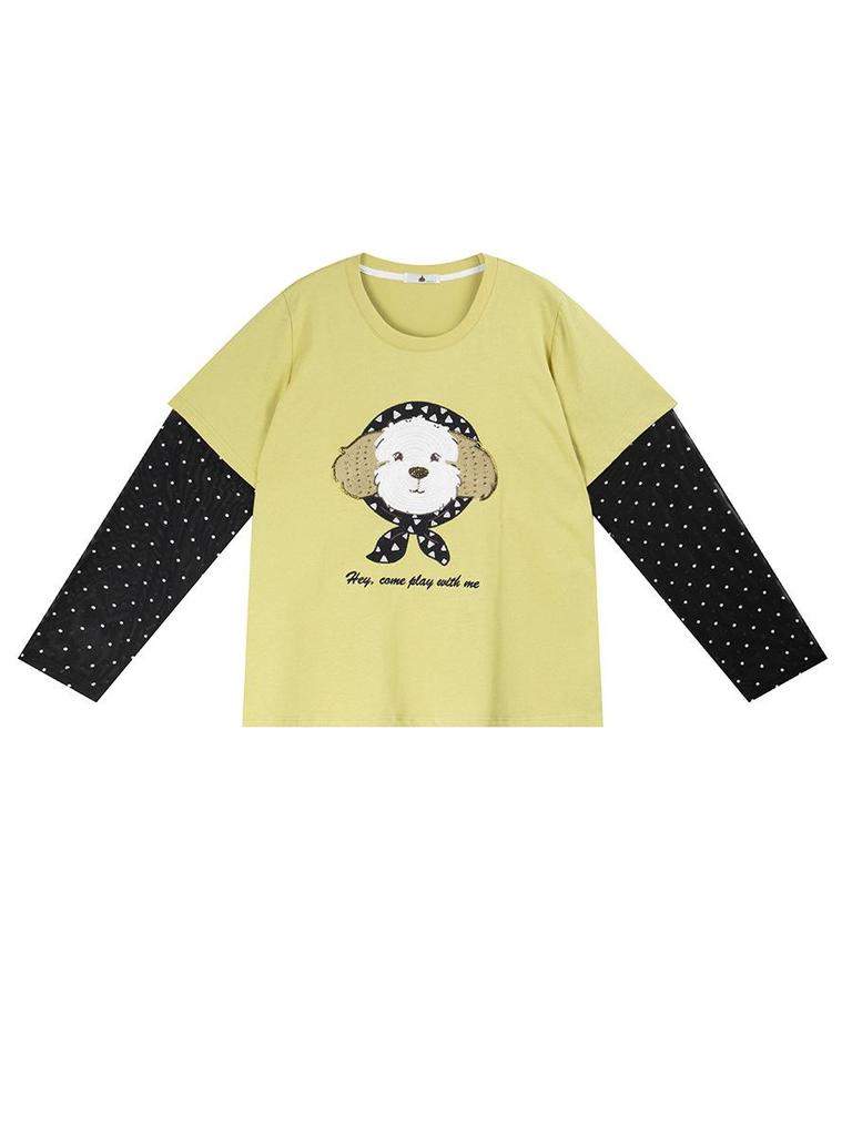 Shuangtian 2026 Plus Size Women's T-Shirt with Mesh Sleeves & Cartoon Embroidery
