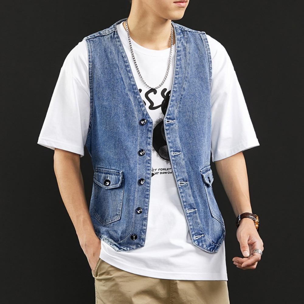 Sommer Neue Jeansweste Männer Japanischen Lässig Lose Gewaschen Alt Ärmellose Mantel Mode Einfarbig Kragenlose Jeansjacke