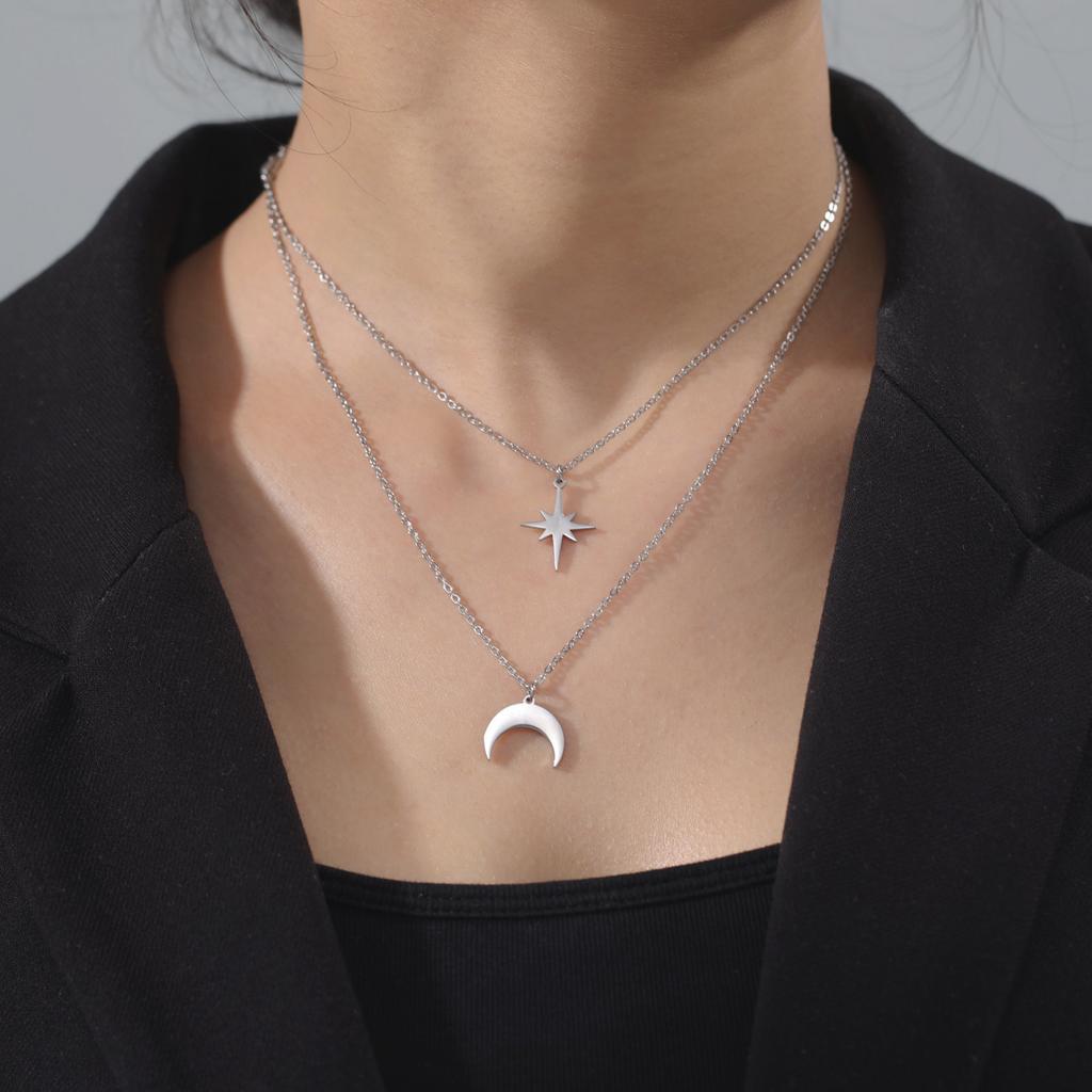 Boho North Star Moon Pendant Necklace Stainless Steel Double Layer Clavicle Necklaces Kpop Jewelry Gift for Women