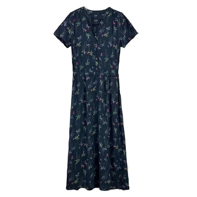 2025 Summer Collection: Floral V-Neck Cotton and Rayon Dress - Waist-cinching, Slimming, Age-Reducing Long Dress for Women