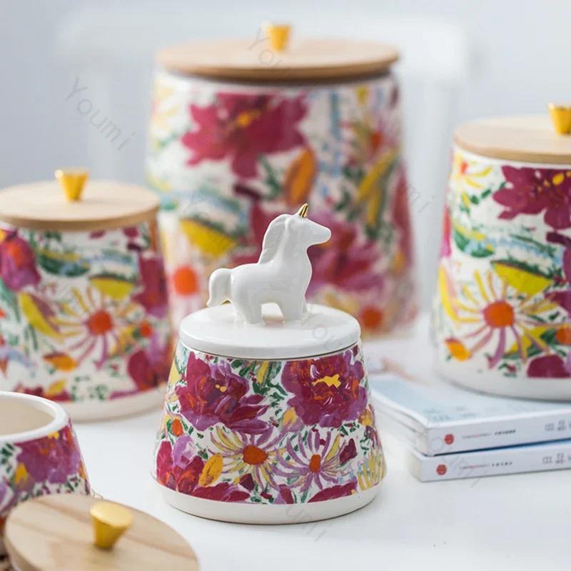 Color Oil Painting Storage Jar Creative Home Kitchen Storage Jar High End Circular Living Room Table Decoration Exquisite Gifts