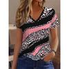 Leopardenmuster Vollprint V-Ausschnitt Kurzarm T-Shirt Lässige Mode Kurzarm Damen Kurzarm Oberbekleidung