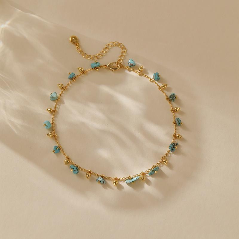 Gold Plated Stainless Steel Raw Turquoise Chip Bead Anklet зелёный